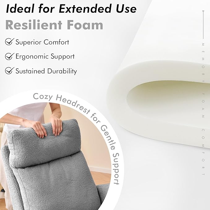 FOXHUNTER Rocking Chair for Nursery with High Backrest & Foot Rest-Nursery Rocking Chairs with Side Storage Pocket for Breastfeeding,Modern Glider Chair for Baby Bedroom,Living Room,Teddy Grey