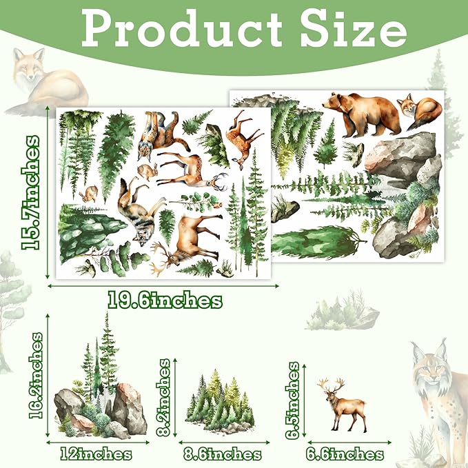 Woodland Animal Window Stickers Clings Watercolor Mountain Animal Tree Wall Decals Green Pine Tree Window Decals Forest Animals Wall Stickers Woodland Window Decoration for Bedroom Living Room