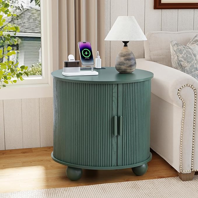 AVZEAR 24" Large Round End Table with Charging Station, Farmhouse Fluted Sofa Side Table with Sliding Tambour Door & Storage, Mid-Century Wood Nightstand for Living Room, Bedroom, Green