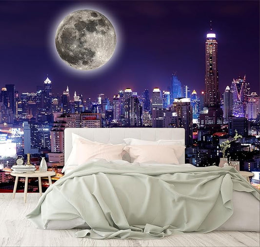 XMPMBM-City Night View The Moon Nursery Room Fabric Wallpaper Living Room Bedroom Bathroom Wall Mural-W 154" X H 105"（112 Square Foot）