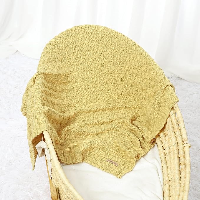 LAWKUL Baby Blankets Knit Cable Babe Blanket Soft Airy Newborn Infant Receiving Swaddle Yellow Neutral Crib Stroller 40"x30"