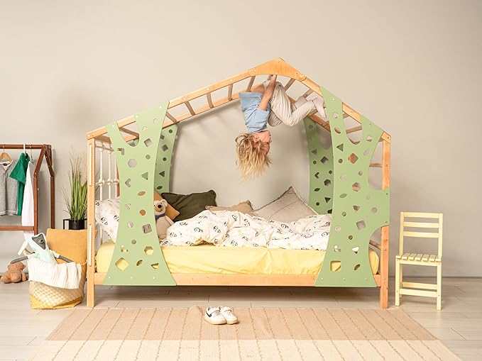 BUSYWOOD Montessori Bed for Toddlers - Kids Twin Bed - Wood Bed Frame - Kids Climbing Gym - Twin Bed Frames for Kids - Monkey Bed with Legs and Slats