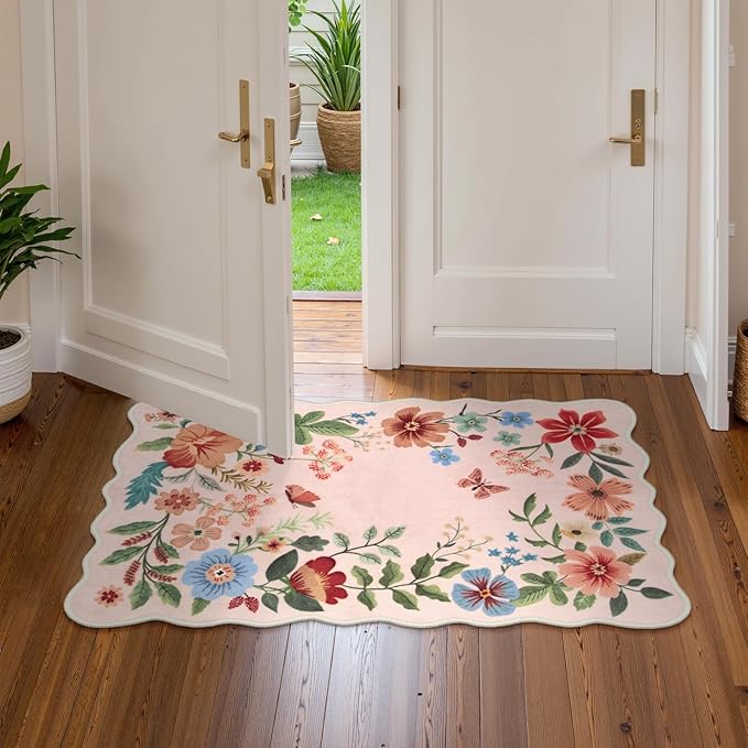 Lahome Floral Pink Rugs for Entryway, 2X3 Washable Kitchen Rug Non Slip, Ultra-Thin Indoor Door Mat Stain Resistant Boho Small Carpet for Bathroom Bedroom(2x3ft,Light Pink)