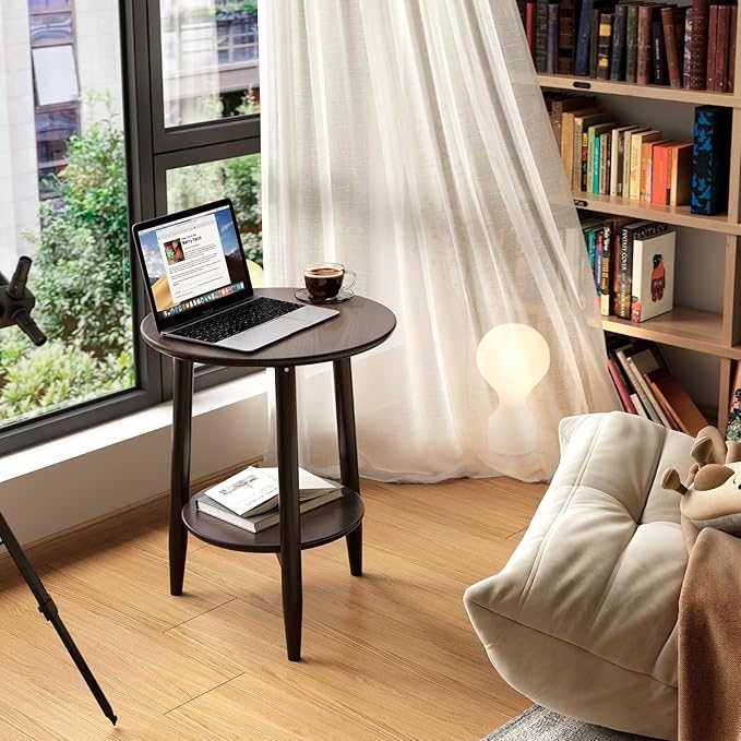 Round End Table,Solid Wood Small Round Table with Lower Shelf,Round Side Table,Nightstand for Small Spaces,Living Room,Bedroom(Walnut)