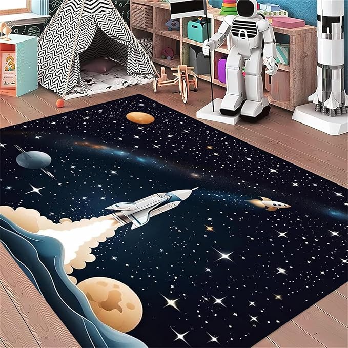 Space Children's Play Rug,3x5ft,Solar System Planet Rocket Play Mat Rug, Suitable for Boys and Girls, Home Decor,Educational Learning Play Area Rug,Suitable for Children's Bedroom Playroom