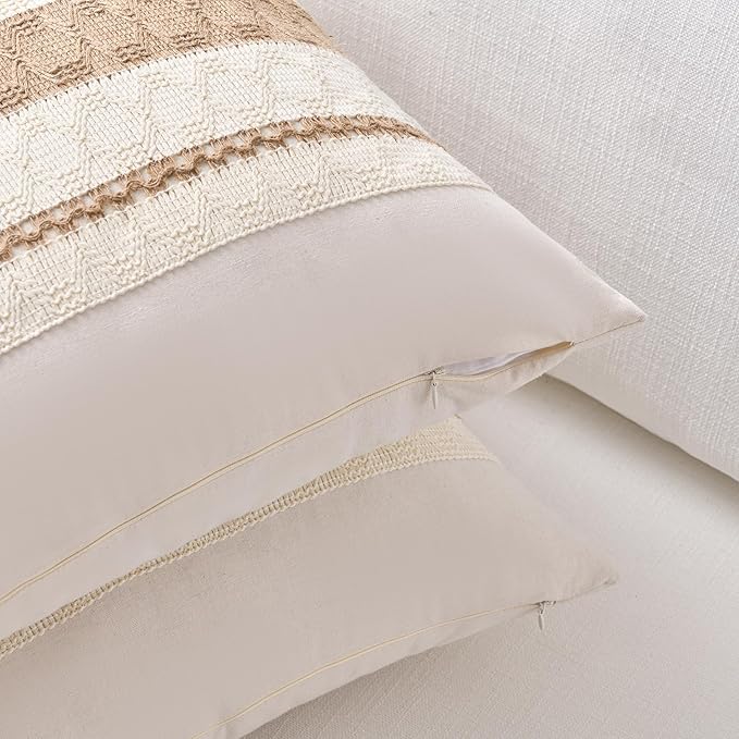 Fancy Homi Set of 2 Boho Neutral Long Lumbar Decorative Throw Pillow Cover 12x24 Inch for Couch Bed Sofa Chair, Modern Organic Farmhouse Home Decor, Soft Cotton Cute Accent Tan Rectangle Cushion Case