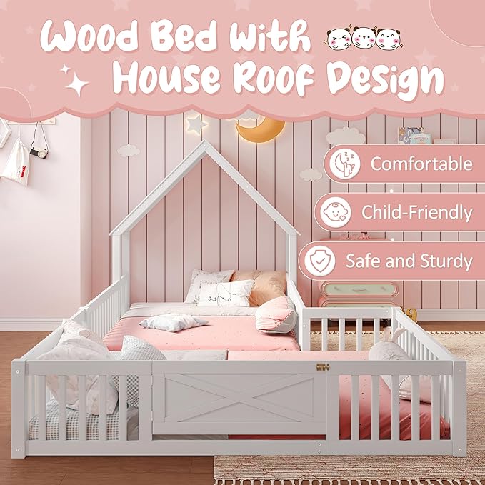Harper & Bright Designs Full Size House Shaped Double Floor Bed with Door and Full-Length Guardrails, Solid Wood Kids Montessori Floor Bed for Girls Boys, Multi-Function, White