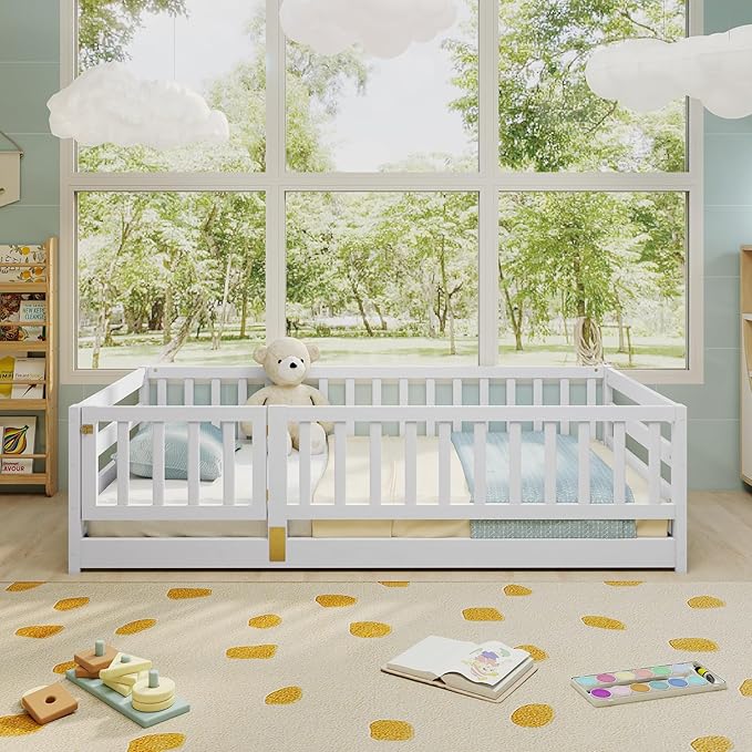 KOMFOTT Twin Size Wood Floor Bed with Door & 21.5” Fence, Montessori Bed Frame with Full Length Safety Guardrails, Door & Latch, Wooden Montessori Floor Bed for Kids, Girls, Boys