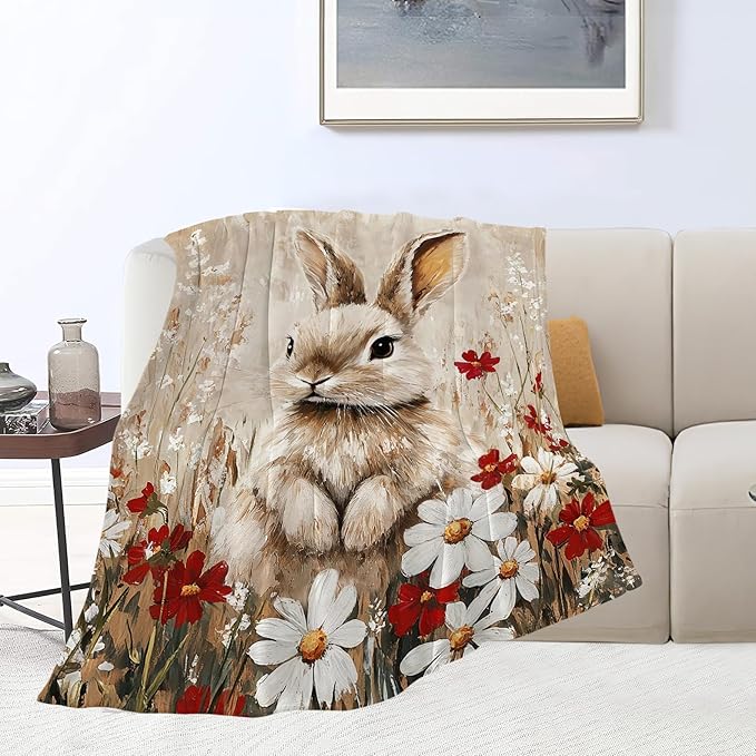 Farmhouse Rabbit Blanket Rustic Bunny Throw Blanket Country Soft Cozy Fleece Fuzzy Stuffed Plush Flannel Gifts for Girls Women Boys Kids Adults 60"X80"