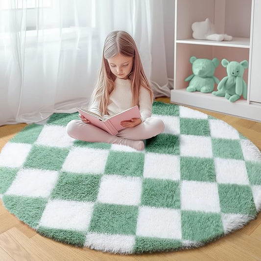 KICMOR Round Rugs 5ft for Bedroom Living Room, Fluffy Soft Circle Area Rug Fuzzy Shag Shaggy Carpet, Sage Green and White Checkered Circular Rug for Kids Boys Girls Room Nursery Home Decor Aesthetic