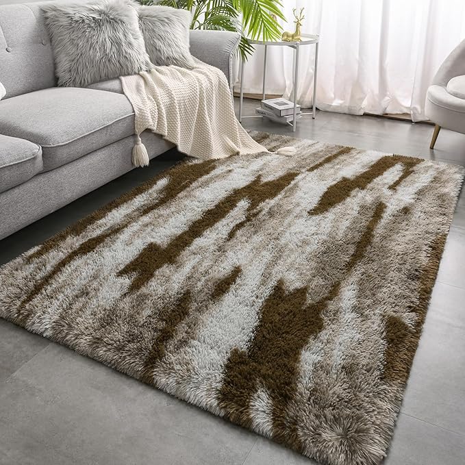 Meralax Area Rugs for Living Room Bedroom, Machine Washable 4x6 Feet Soft Fluffy Shaggy Bedside Rug, Indoor Floor Carpet for Kids Girls Boys, Dorms, Nursery Rooms, Home Decor Aesthetic, Abstract Beige