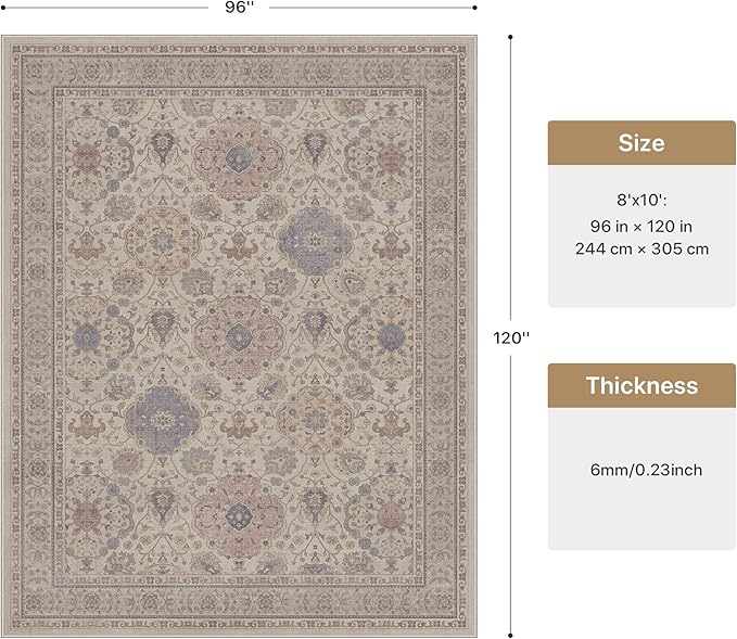 GENIMO Vintage Area Rug 8x10, Boho Living Room Rug with Non-Slip Backing, Machine Washable Low Pile Indoor Carpet for Bedroom, Dining Room, Nursery Room, Ivory Pink