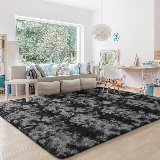 BENRON Fluffy Rugs for Living Room 5x8 Tie-dye Black, Washable Large Area Rugs for Bedroom Dining Table Office Kids Nursery Room, Washable Indoor Floor Carpets