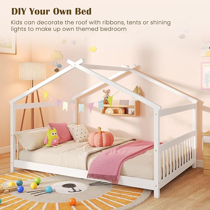 Giantex Full Size Floor Bed, Solid Wood Montessori House Bed with Roof, Headboard and Footboard, Low Full Bed Frame for Kids Teens Girls Boys, No Box Spring Needed, White