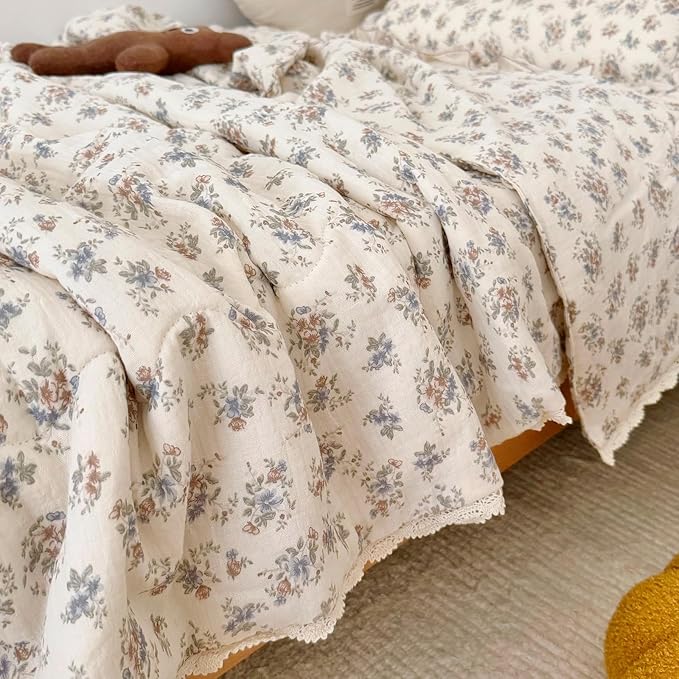 BuLuTu French Country Blue Floral Quilted Blanket with Lace Edges, Muslin Cotton Toddler Bed Baby Crib Comforter Girls Boys Nursery Decor, 47"x59", Soft Lightweight, Ballon Flower Print