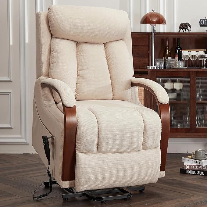 DYNOX Small Lift Chair Recliner with Heat and Massage, Dual Motor Power Lift Sofa for Elderly,Infinite Adjust for Back and Footrest,Side Pocket(9185,Beige,Linen Fabric