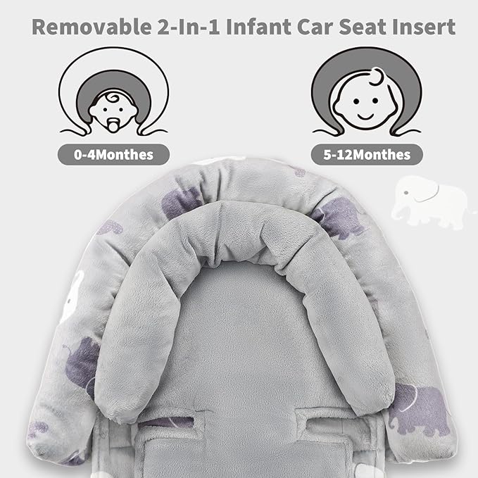 Baby Car Seat Head Support with Extra Headrest, 2-in-1 Babybody Supports with Shoulder Pads Set for Newborn, Adjustable Infant Car Seat Insert Compatible with Stroller, Baby Swing, (Grey Elephant)