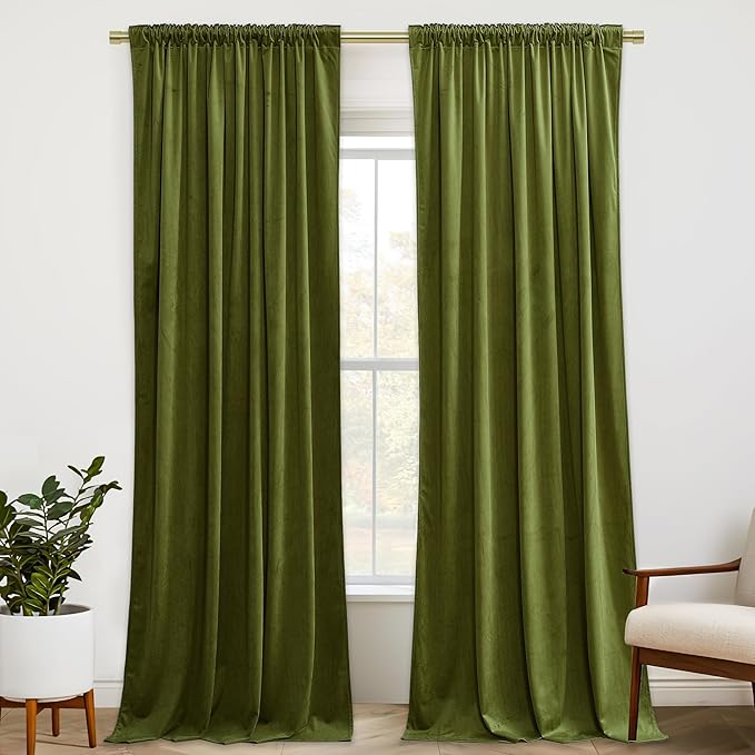 StangH Olive Green Velvet Curtains for Bedroom Room Darkening Thermal Insulated Window Drapes Super Soft Luxury Home Decoration for Living Room Nursery Kids, W52 x L84, 2 Panels