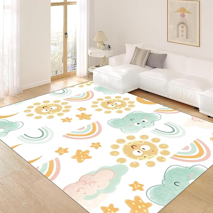 Cute Fluffy Kids Rug - Rainbow, Colorful Floor Mats, Soft, Washable, Non-Slip - Smiling Sun, White Cloud Patterns - Kids Room, Nursery Decoration - 4x6ft