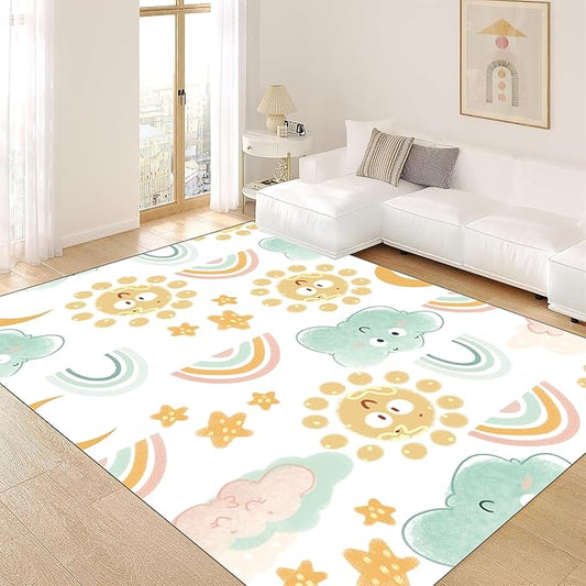 Cute Fluffy Kids Rugs - Rainbow, Colorful Floor Mats - Soft, Washable, Non-Slip - Smiling Sun, White Cloud Patterns - Kids Room, Nursery Decoration - 4x5ft