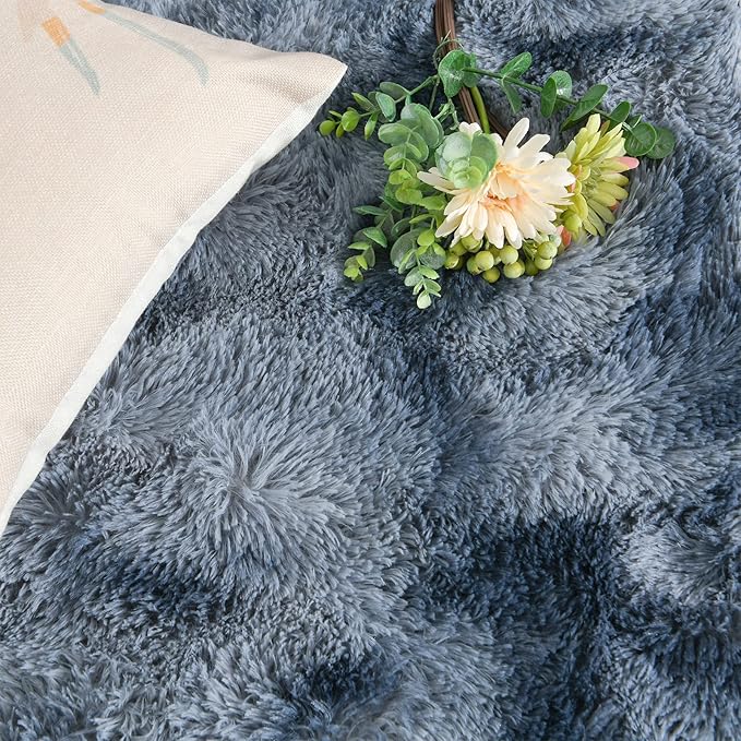 DweIke Fluffy Blue Grey Rugs for Bedroom Living Room, 8x10 Large Soft Plush Shaggy Tie-Dyed Navy Blue Gray Girls Boys Kids Rug, Upgraded Non-Slip and Machine Washable Carpet for Dorm Nursery Decor