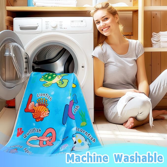 Kids Rugs for Playroom, 7x9 Feet Educational Rug for Learn The ABC Alphabet, Soft Machine Washable Non-Slip Cute Marine Organisms Carpet for Classroom Toddler Nursery Kids Room Decor, Blue