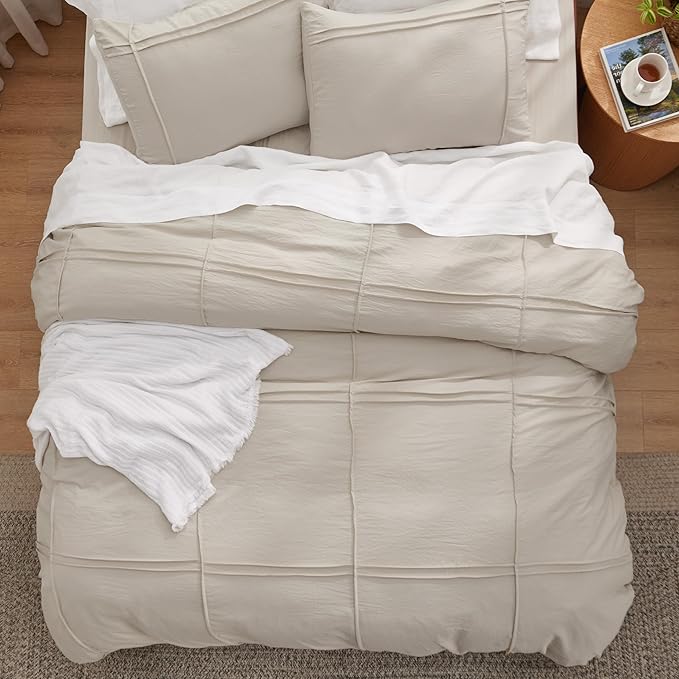 Bedsure Grid Boho Duvet Cover Queen Size - Shabby Chic Tufted Boho Bedding Set, 3 Pieces Shabby Chic Home Bedding for All Seasons, Includes 1 Queen Duvet Cover & 2 Pillowcases (Light Beige, 90" x 90")