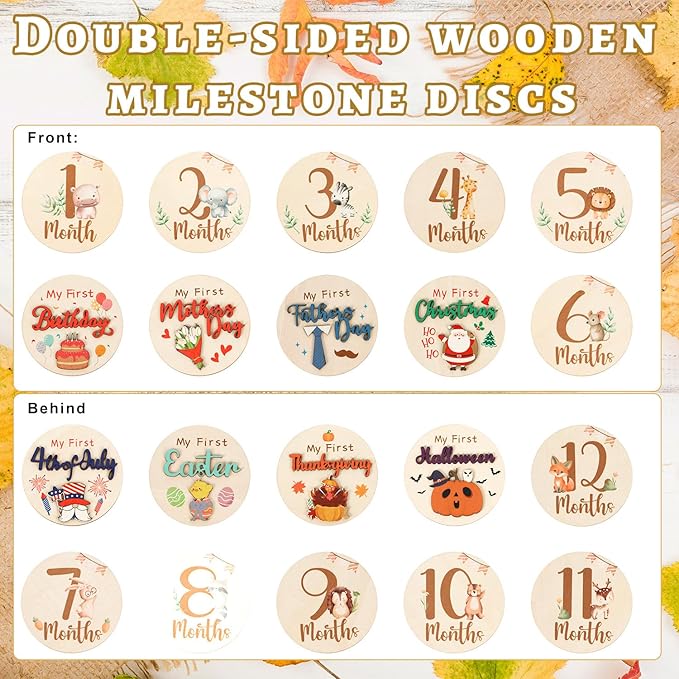 Monthly Baby Milestone Signs, 11PCS Wooden My First Holiday Milestone Cards Newborn Gift, Baby Announcement and Hello World Newborn Sign