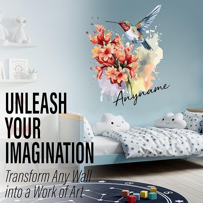 Custom Floral Hummingbird Wall Decal Personalized Flower Bird Name Transparent DTF Vinyl Removable Nursery Wall Decal for Kids Room, Teen Bedroom, Car, Cute Home Decor Gift