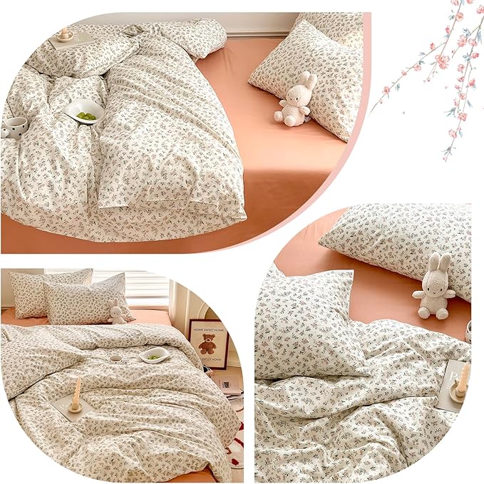 HighBuy Boho Floral Duvet Cover Twin XL White Cotton Coquette Comforter Quilt Duvet Covers with Pink Floral,Garden Floral Bedding Set Twin XL Lightweight Soft Cottagecore Duvet Cover Sets Cute