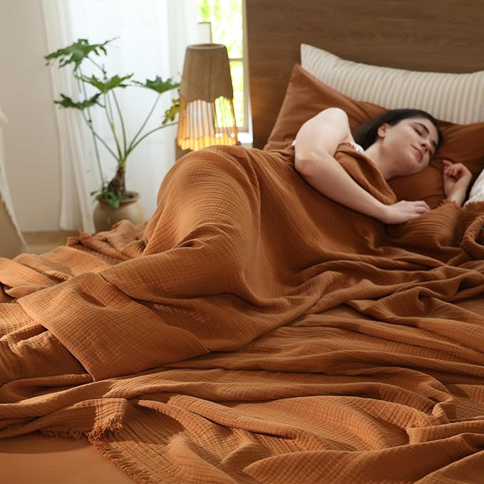 MooMee Muslin Blanket - 100% Cotton 4-Layer Gauze Throw Blanket with All-Around Fringe, Ultra-Soft Breathable Lightweight Cooling Decorative for Bed, Sofa & Couch (Drak Orange,King 104" x 90")