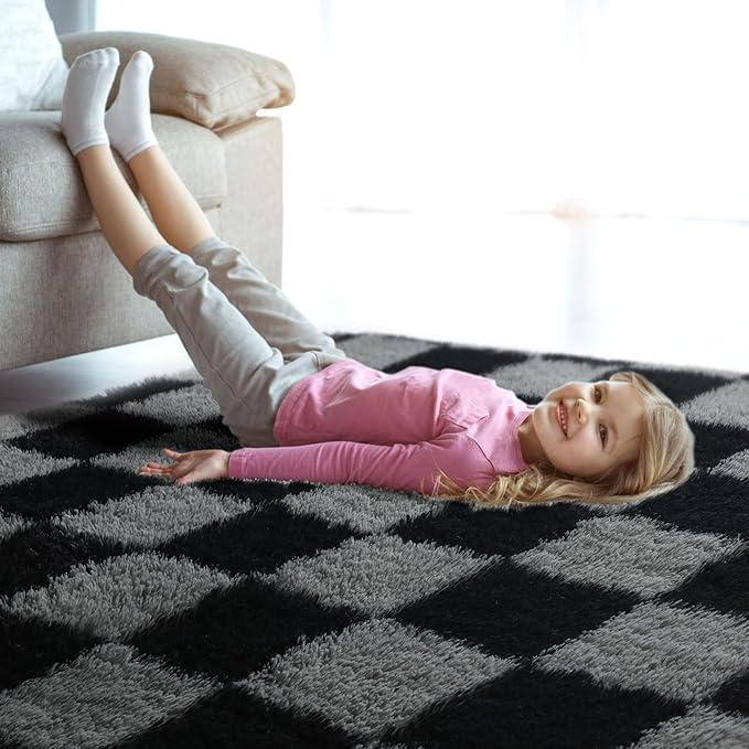 KICMOR Rugs for Living Room 7x9 Area Rug, Black and Grey Large Fluffy Shag Shaggy Fuzzy Checkered Bedroom Carpet, Indoor Soft Plush Big Rug for Kids Boys Girls Dorm Nursery Home Decor Aesthetic