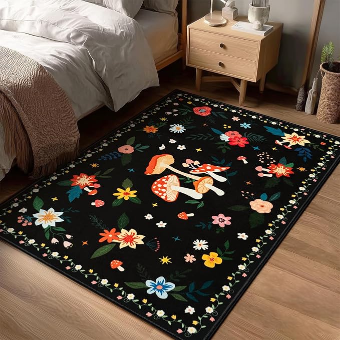 3x5 Machine Washable Area Rug, Non-Slip Small Vintage Floral Washable Rug for Girls, Low Pile Carpet for Living Room, Entryway, Bedroom & Dorm Room(3x5 Black Mushroom)