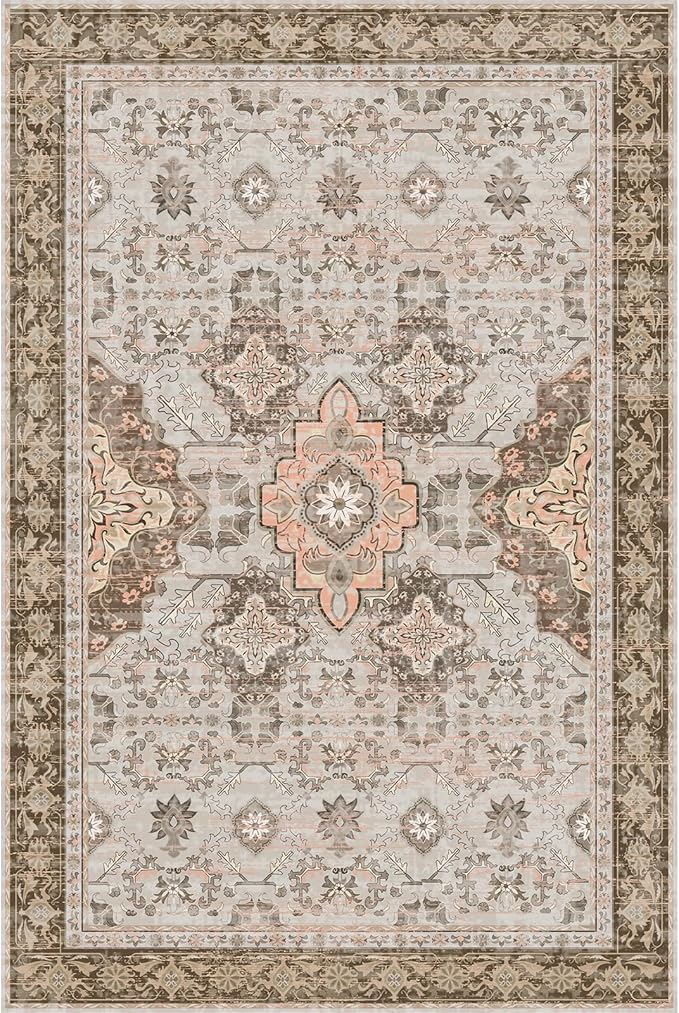 AMTOVO 6x9 Washable Area Rugs for Living Room, Non-Slip Boho Vintage Accent Medallion Print Pattern Carpet for Bedroom Dining Room Home Office Nursery Dorm Farmhouse, Light Brown