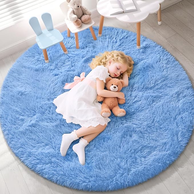 EVOIONOS Cobalt Blue‌ Round Rug for Bedroom, 4x4 Ft Fluffy Soft Circle Area Rugs for Living Room, Plush Shaggy Circular Indoor Floor Bedside Kids Nursery Carpet, Machine-Washable Home Decor Aesthetic
