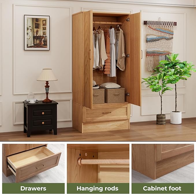 Solid Wood Armoire:Wardrobe Closet with Drawers and Hanging Rod,Storage Cabinet Clothes Organizer for Bedroom Original Wood Color
