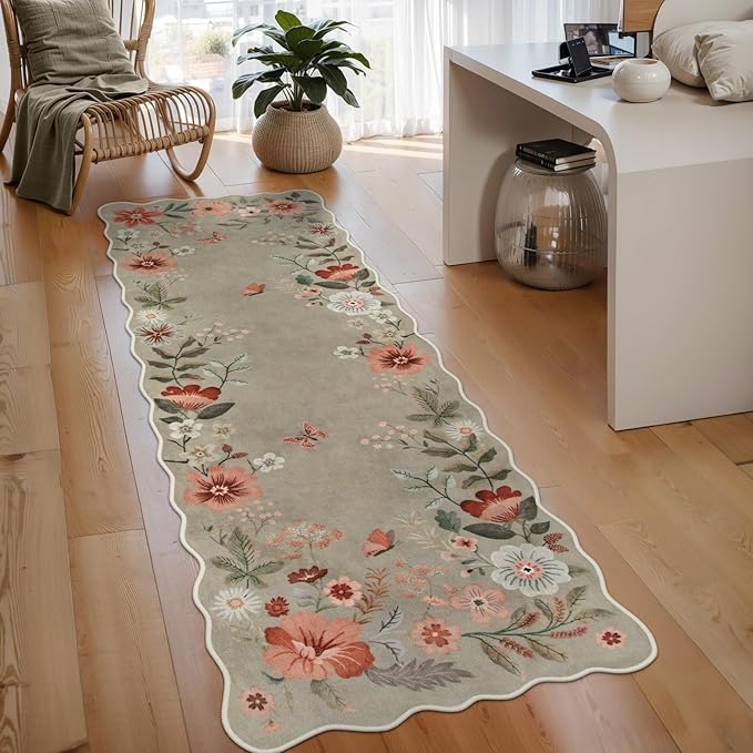 Lahome Floral Kitchen Runner, 2X6 Washable Runner Rug Non-Slip, Ultra-Thin Soft Hallway Rug Stain Resistant Boho Carpet for ‎Bedroom Laundry Bathroom, Brown