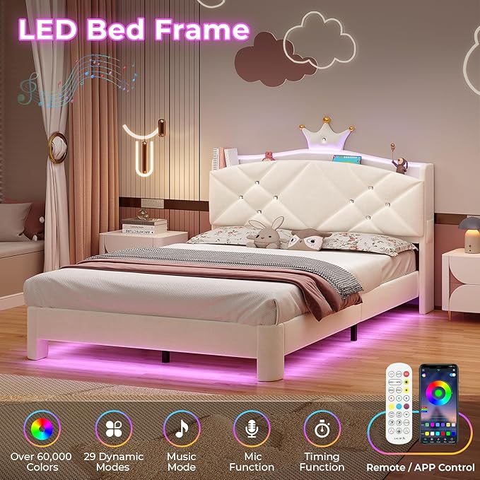 MSmask Full Bed Frame with LED Lights, Princess Upholstered Bed with Headboard with Charging Station & Crystal Button & Crown, Velvet Platform Bed for Girls, Solid Wood Slats, Curved Legs, White