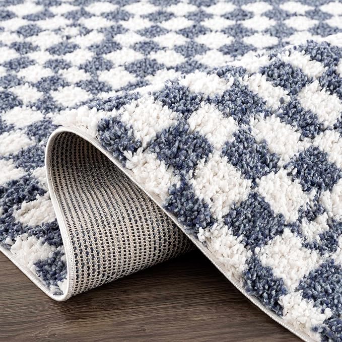 BoutiqueRugs Kieu Modern Checkered Shag Rug - High Pile Fluffy Shag Carpet for Hallway, Nursery, Playroom, Girls Boys Room - White, Blue - 7'10" x 10' (8x10)