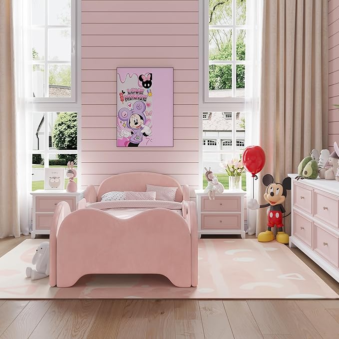 Toddler Bed, Toddler Flood Bed with Extra Safety Broad, Standard Crib Size for Kids, Certified Fabric Beds, Low to Floor Design (Pink)