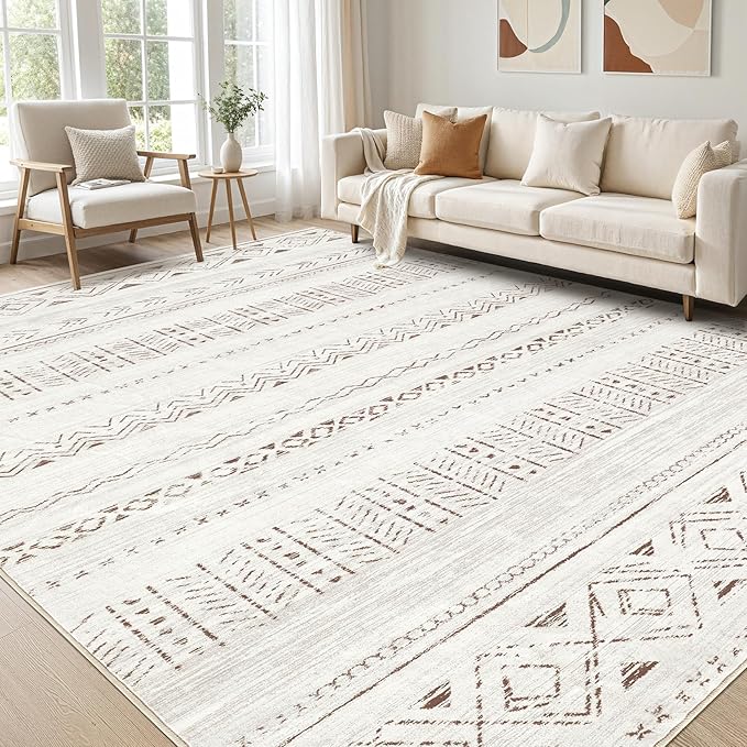 Area Rugs for Living Room Washable Living Room Rug Soft Neutral Indoor Floor Carpet Non-Slip Stain Resistant Modern Boho Rugs for Bedroom Dining Room Kids Room Nursery Office Home Light Brown