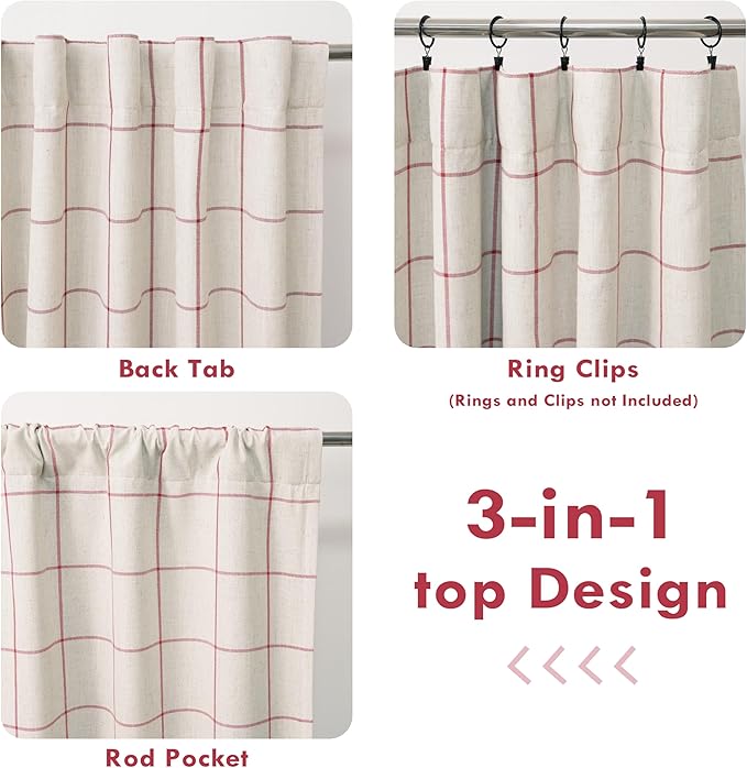 DriftAway 2 Panels 100% Blackout Windowpane Plaid Linen Curtains Double Layer Drapes for Bedroom 84 Inches Long Farmhouse Thermal Insulated 3.25 Inch Rod Pocket Back Tab for Living Room Red