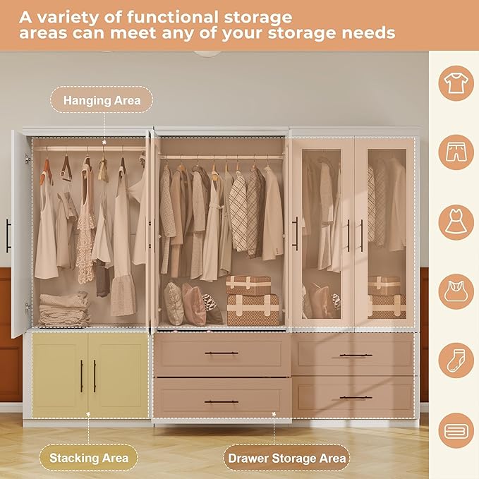 White Armoire Wardrobe Closet with 6 Door: Combination Wood Wardrobe Closet with Glass Door Wooden Bedroom Armoire 4 Drawer with Hanging Rods for Home/Bedroom/Living Room