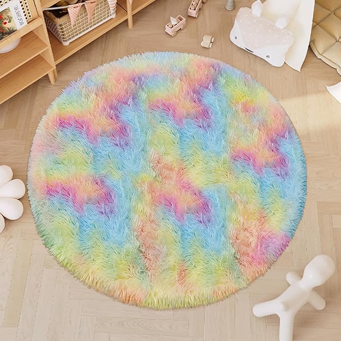 4x4 ft Rainbow Fluffy Round Rug for Girls Bedroom,Colorful Soft Shaggy Circular Area Rug Kids Cute Fuzzy Carpet Furry for LivingRoom Nursery Dorm Playroom Room Unicorn Decor Reading Nook Mat