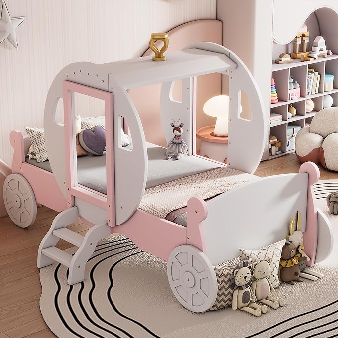 Twin Size Princess Carriage Bed Frame for Boys Girls Kids Toddler with Crown, Wood Platform Car Bed with Stair, White+Pink