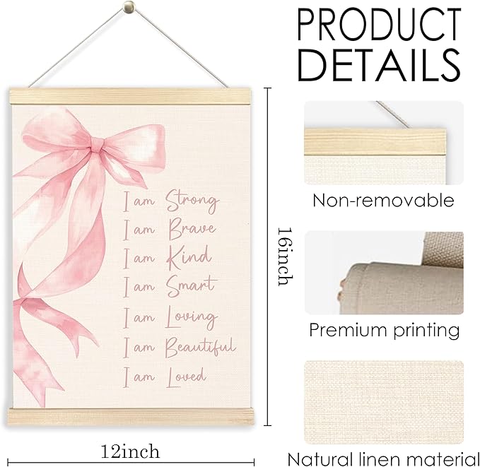 BESERH Coquette Pink Bow Inspirational Wall Art Posters, Motivational Quote Wall Decor, I Am Strong Positive Affirmation Preppy Canvas Prints Artwork Framed for Girls Room Dorm, 12x16 Inch