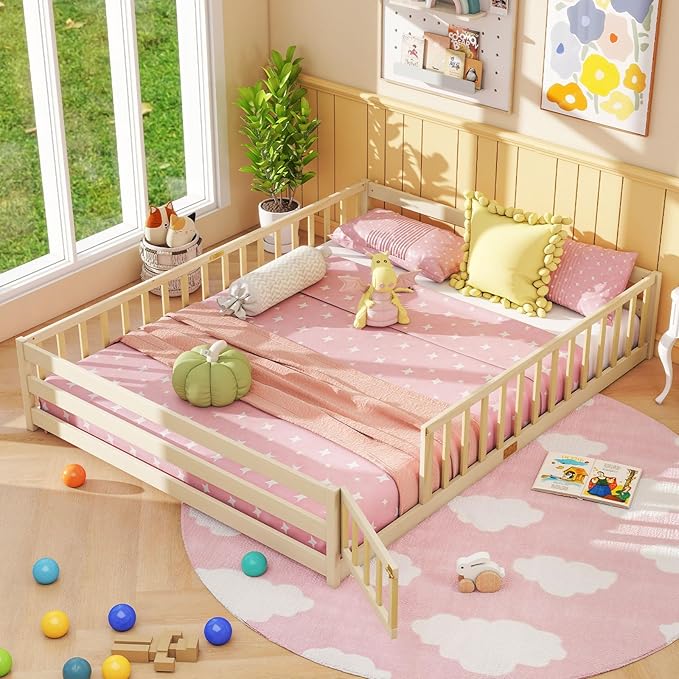 Giantex Queen Floor Bed with Door & Fence, Kids Wood Montessori Beds with Safety Guardrails, Floor Bed Twin for Kids, Boys, Girls, No Box Spring Needed, Natural