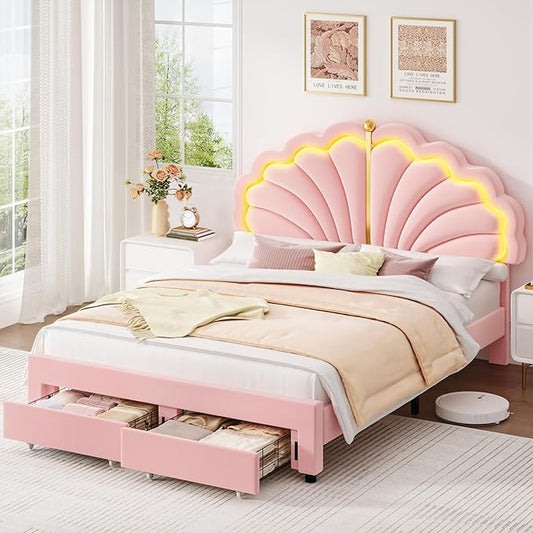 Keyluv Queen Princess Bed Frame with Storage Drawers, Soft Velvet Upholstered LED Platform Bed with Adjustable Modern Shell Headboard, No Box Spring Needed, Noise-Free, Pink