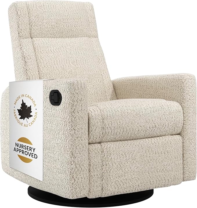 Jaymar Nelly Modern Nursery Chair Glider Recliner with 180° Swivel - Cozy Motorized Reclining Nursing Chair with USB Ports, Gentle Motion, Hybrid Memory Foam, Lumbar Support (Sand/Puppy Fabric)