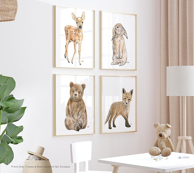 James River Studios Woodland Animal Nursery Prints Unframed Set of 4, Pick Your Baby Animals and Print Size, Original Watercolor Art Signed By Artist